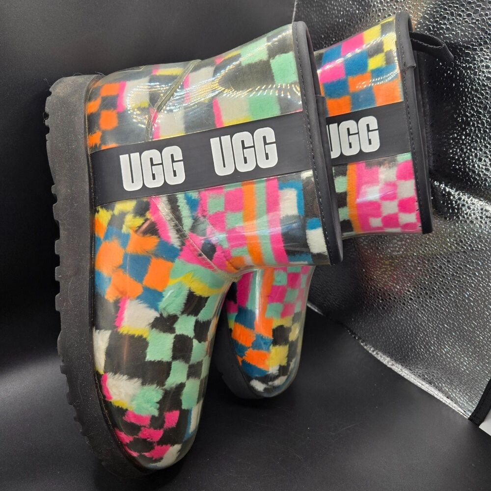 UGG Classic Clear Mini Checks Black Multi Waterproof Boots Size 10